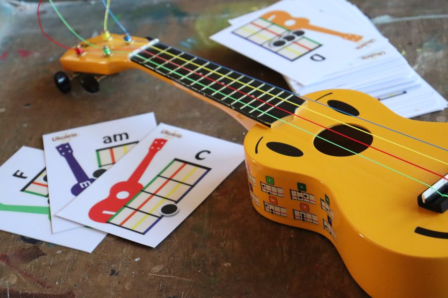 Lehrkräfte musizieren im Workshop auf Ukulelen